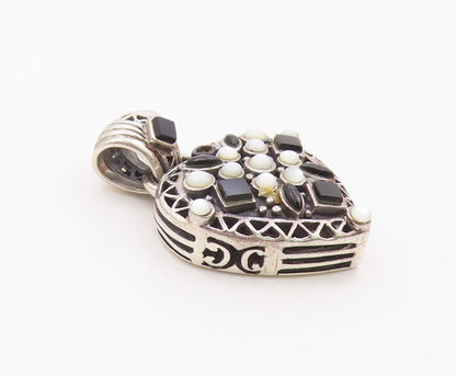 925 Silver  Vintage Mother Of Pearl & Black Onyx Love Heart Pendant  PT17930