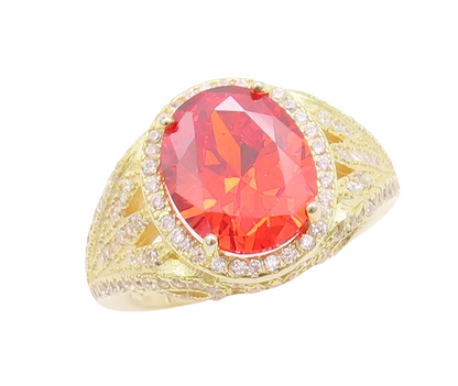 925 Sterling Silver Vintage Ring Gold Plated Oval Red & White CZ  Sz 7  RG29769