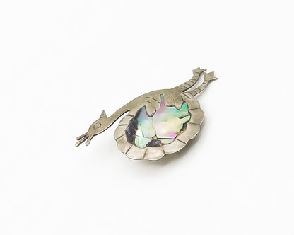 MEXICO 925 Sterling Silver  Vintage Abalone Shell Peacock Brooch Pin  BP6878
