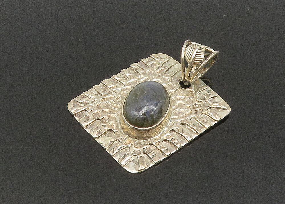 925 Sterling Silver  Vintage Cabochon Labradorite Textured Pendant  PT16621