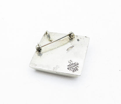 MEXICO 925 Silver  Vintage Black Onyx Striped Hollow Square Brooch Pin  BP1249
