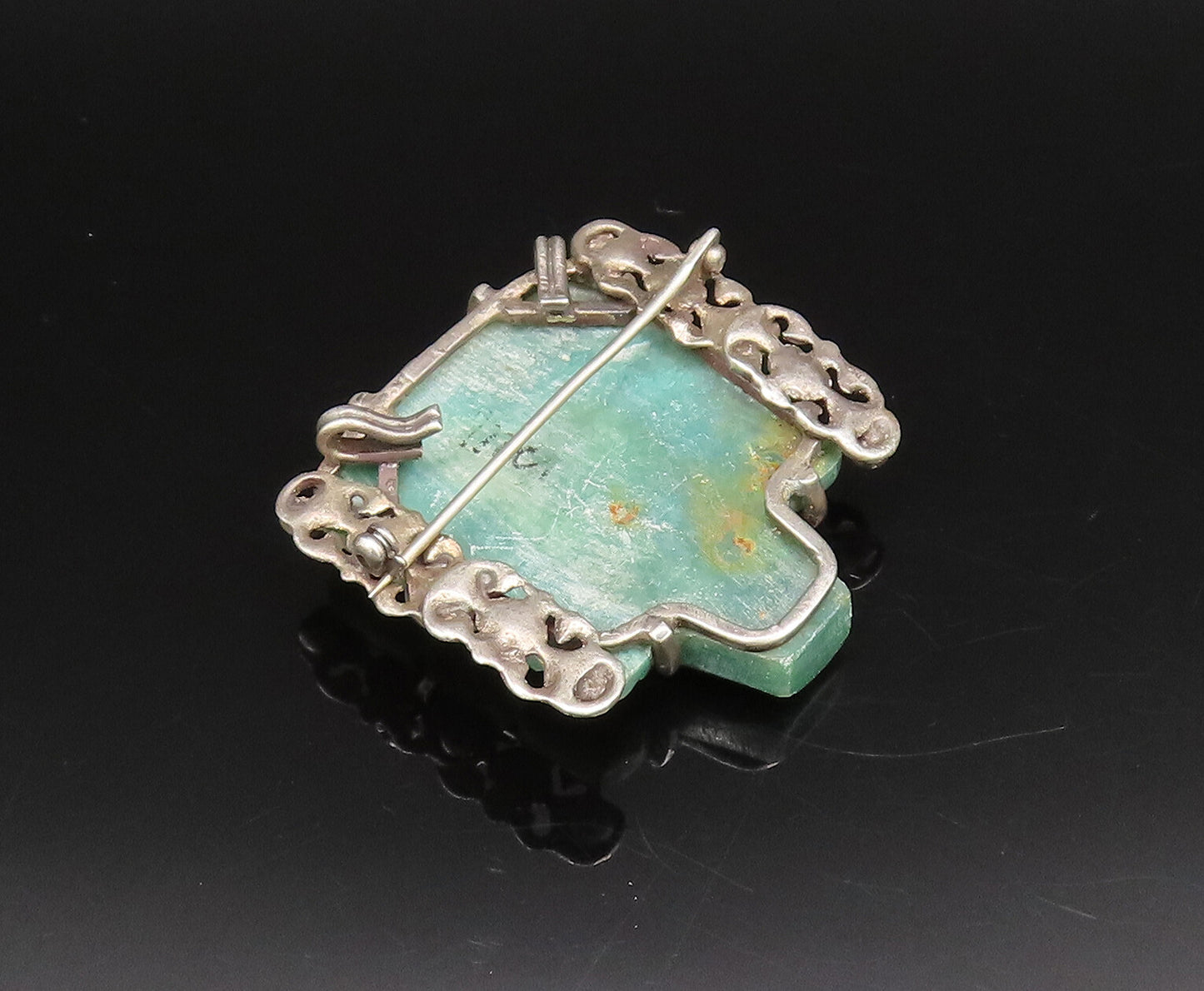 925 Sterling Silver Vintage Jade & Beaded Aztec Warrior Head Brooch Pin BP10009