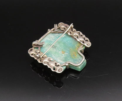 925 Sterling Silver Vintage Jade & Beaded Aztec Warrior Head Brooch Pin BP10009