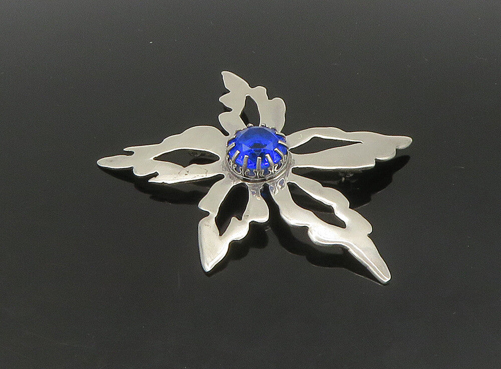 HANS HANSEN DENMARK 925 Silver  Vintage Blue Stone Flower Brooch Pin  BP9186