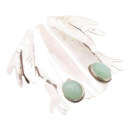 925 Sterling Silver Vintage Brooch Pin GFMW Green Jade Eye Figural Frog  BP12572