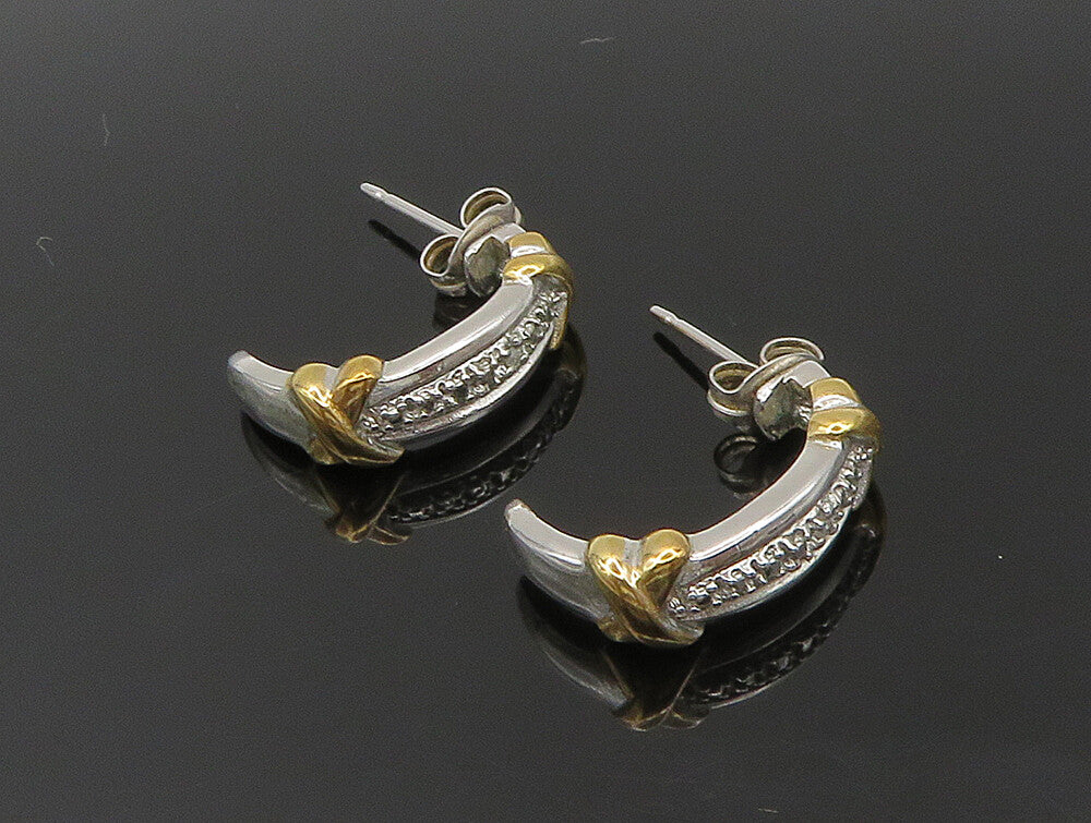 925 Sterling Silver  Vintage Two Tone Genuine Diamonds Hoop Earrings  EG11594