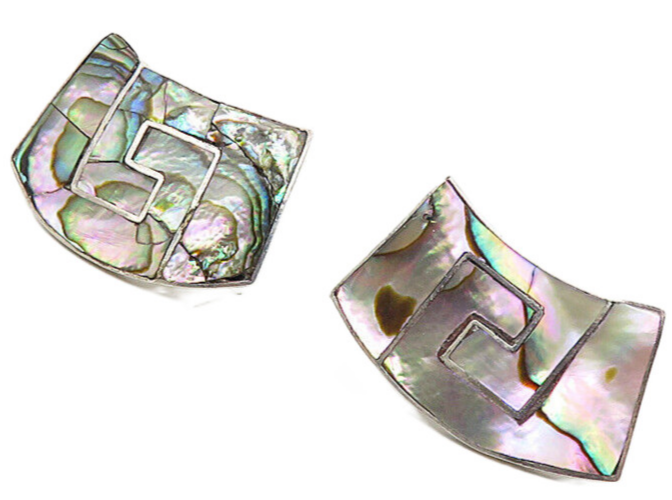 MEXICO 925 Sterling Silver  Vintage Abalone Shell Non Pierce Earrings  EG3854