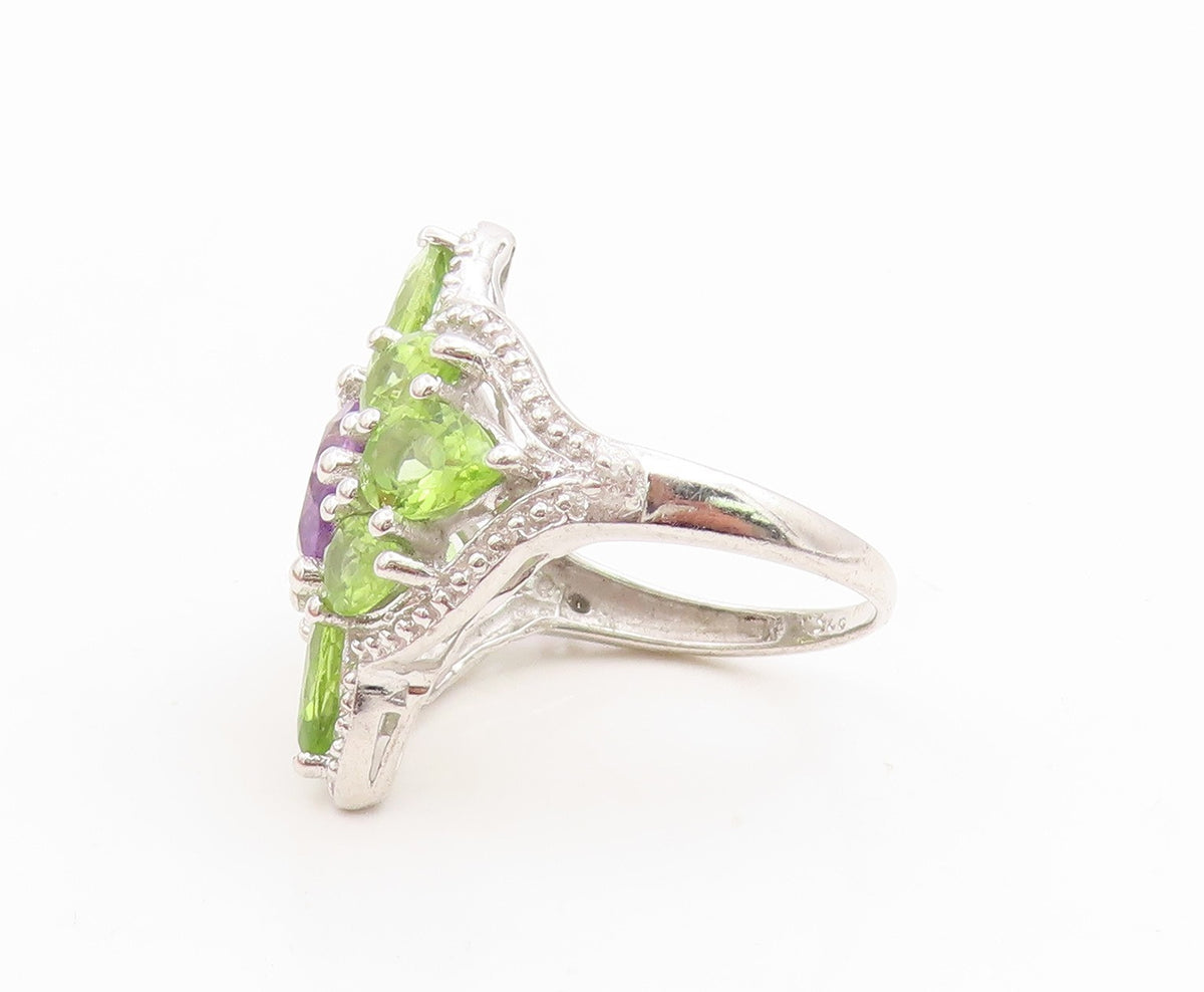 925 Sterling Silver Vintage Ring Amethyst & Peridot Floral Band  Sz 7.5  RG36164