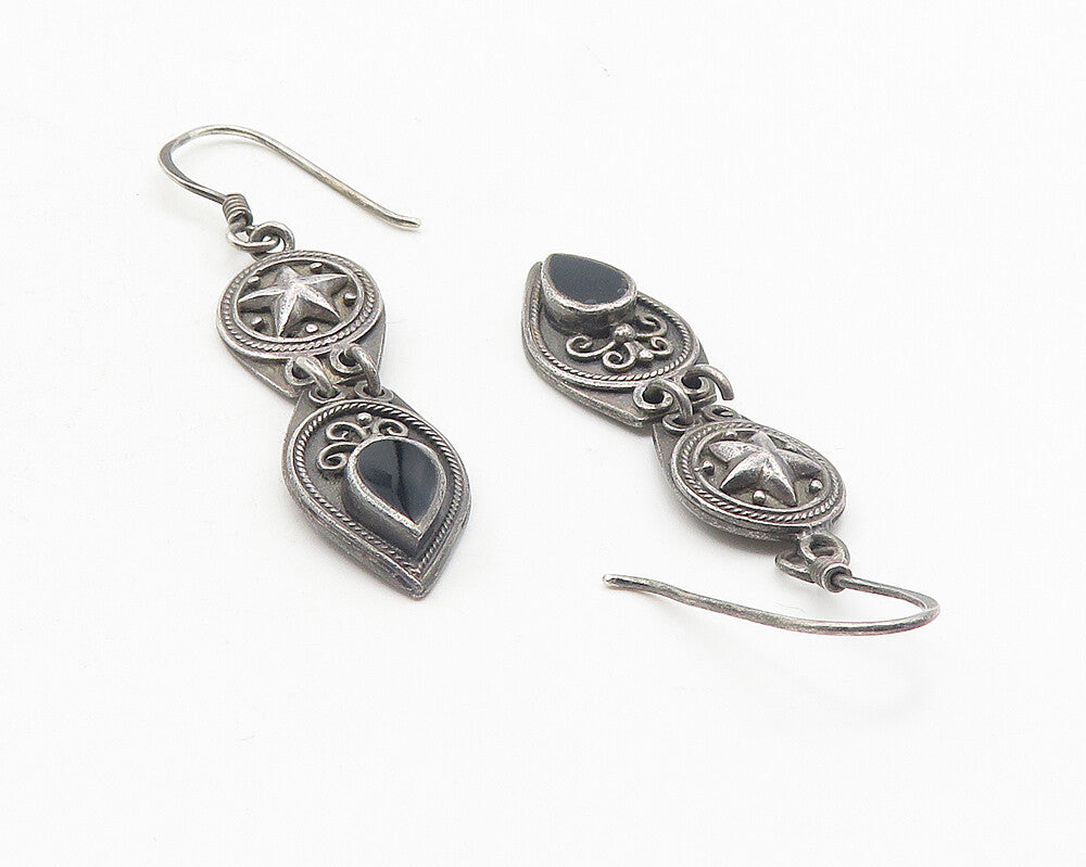 BOMA 925 Sterling Silver  Vintage Black Onyx Star Swirl Dangle Earrings EG6274