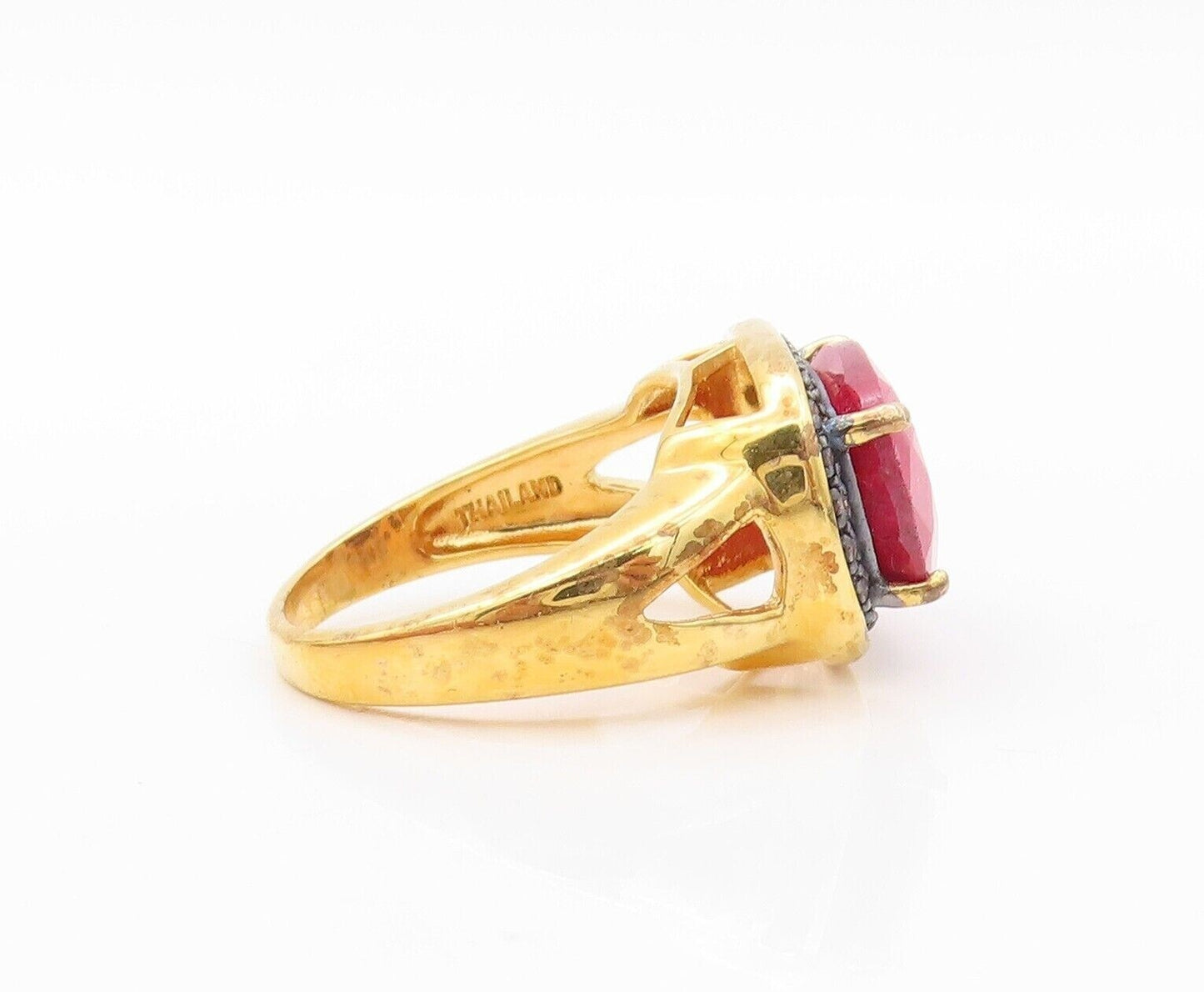 925 Sterling Silver Vintage Ring Gold Plated Diamond Frame & Ruby  Sz 8  RG30199