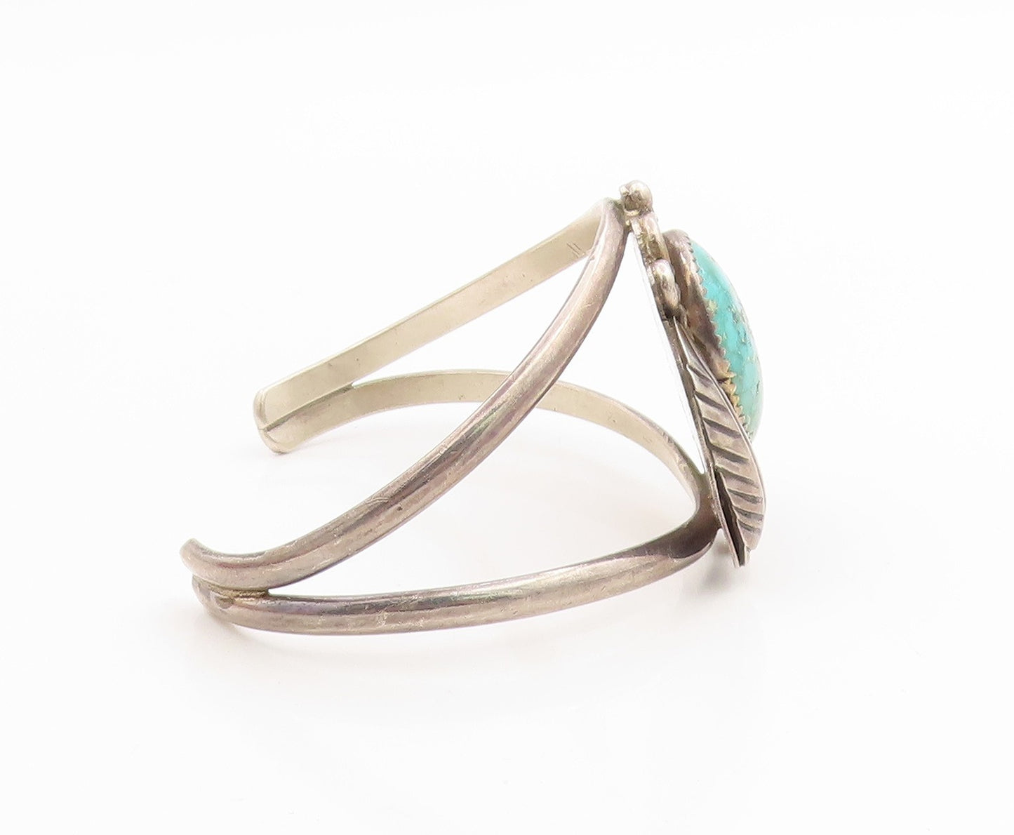 925 Sterling Silver Vintage Bracelet NAVAJO Turquoise Etched Leaf Cuff  BT12000