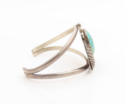 925 Sterling Silver Vintage Bracelet NAVAJO Turquoise Etched Leaf Cuff  BT12000