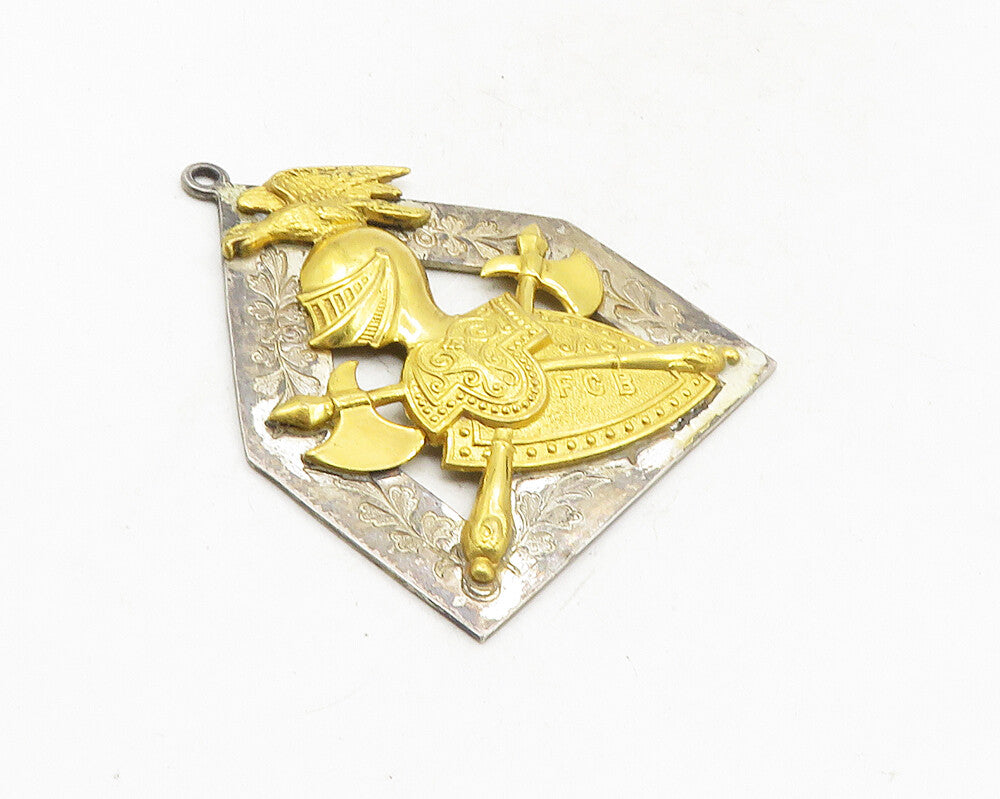 SUPREME LODGE 925 Silver  Vintage Two Tone Knight & Shield Pendant  PT7782