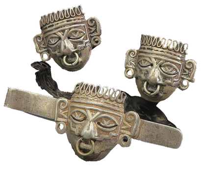 BGM MEXICO 925 Silver  Vintage Face Mask Tie Clip & Cuff Links Set  TR1384