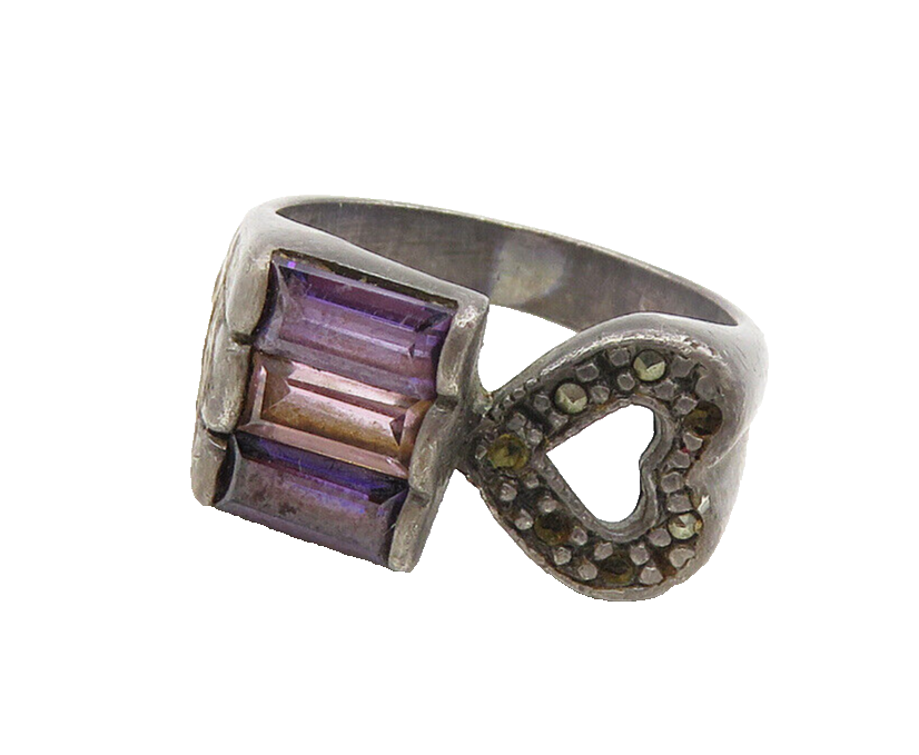 925 Sterling Silver  Vintage Amethyst & Topaz Heart Band Ring Sz 6  RG18694