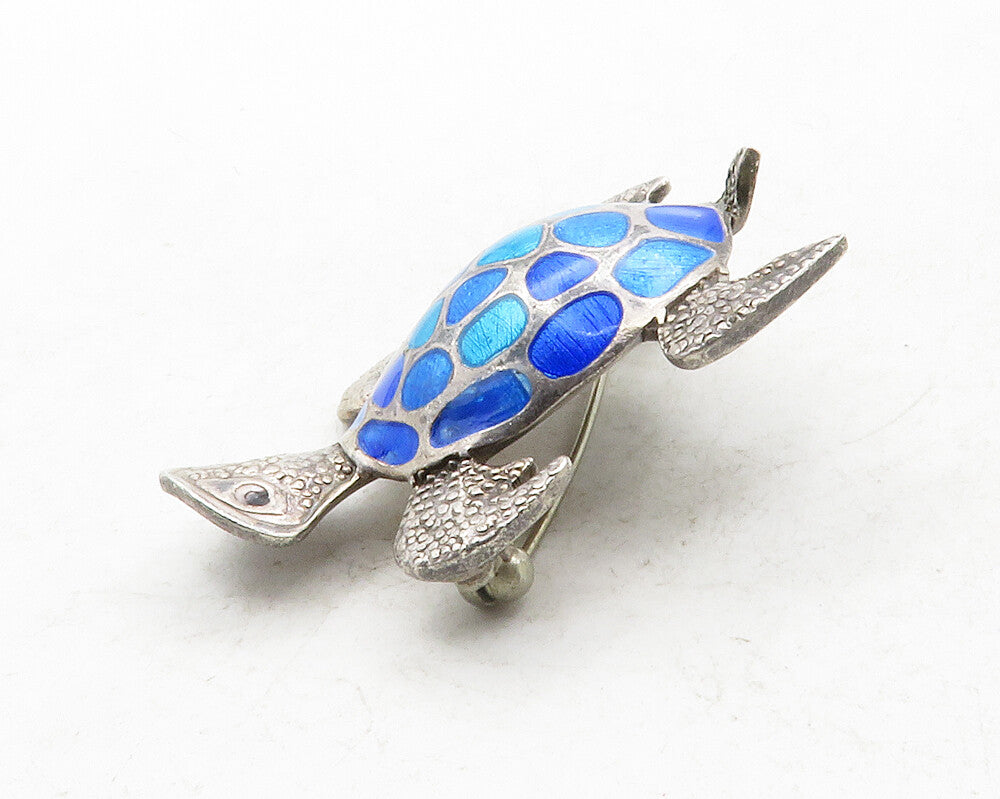 A. MAYA MEXICO 925 Sterling Silver Vintage Blue Enamel Turtle Brooch Pin  BP4844