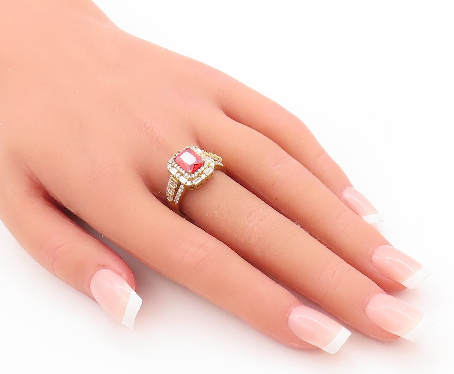 925 Sterling Silver Vintage Ring Gold Plated Red & White CZ  Sz 7  RG29474