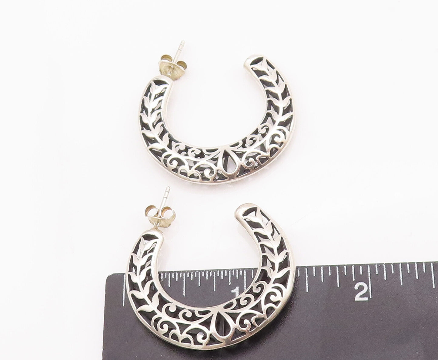 925 Sterling Silver Vintage Earrings Solid Swirly Carved Open Hoops  EG12983