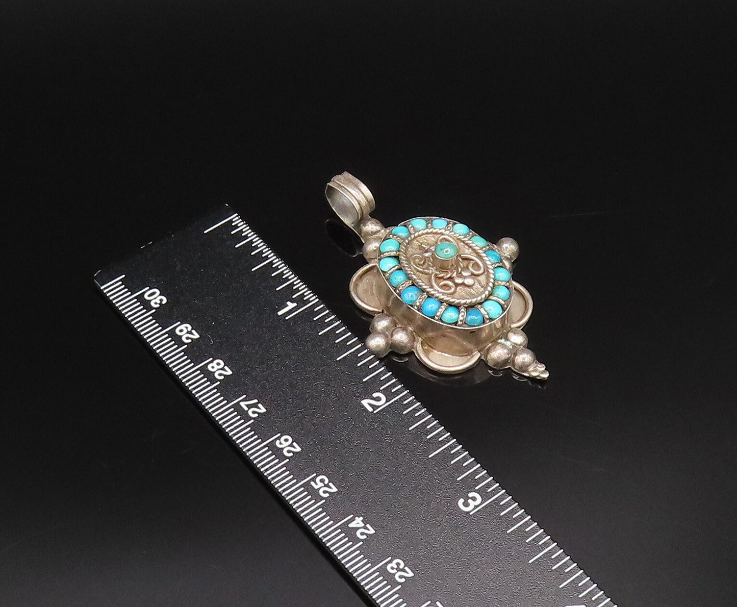 925 Sterling Silver Vintage Beaded & Rope Twist Multi Turquoise Pendant  PT21766