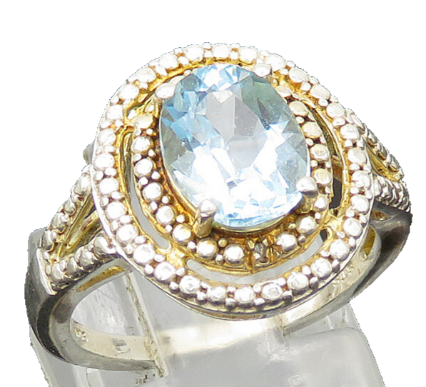 925 Sterling Silver  Vintage Blue Topaz Shiny Round Cocktail Ring Sz 6 RG20653
