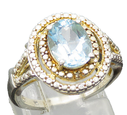 925 Sterling Silver  Vintage Blue Topaz Shiny Round Cocktail Ring Sz 6 RG20653