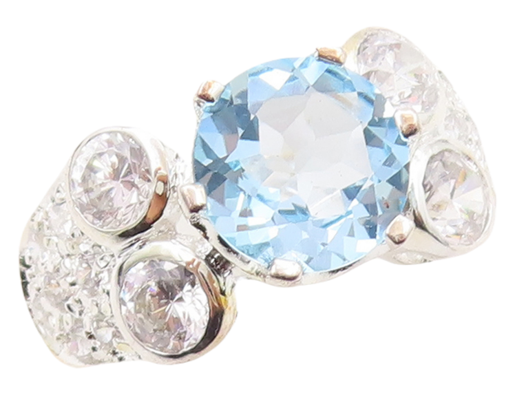 925 Sterling Silver Vintage Ring Designer Cutout Blue & White CZ  Sz 7  RG31032