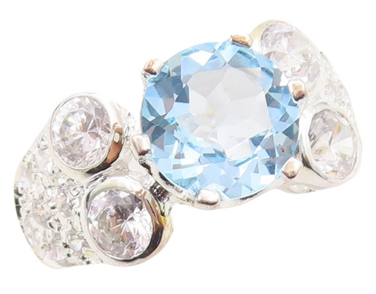 925 Sterling Silver Vintage Ring Designer Cutout Blue & White CZ  Sz 7  RG31032