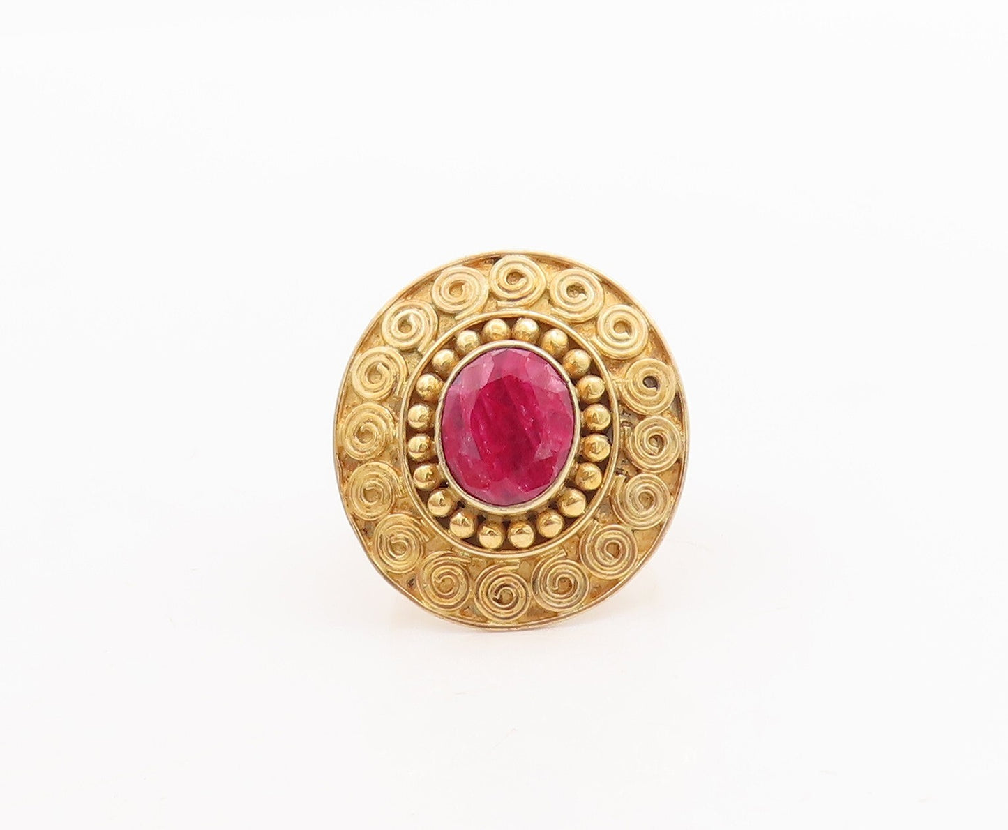 925 Sterling Silver Vintage Ring Gold Plated Carved Red Gemstone  Sz 8  RG29443