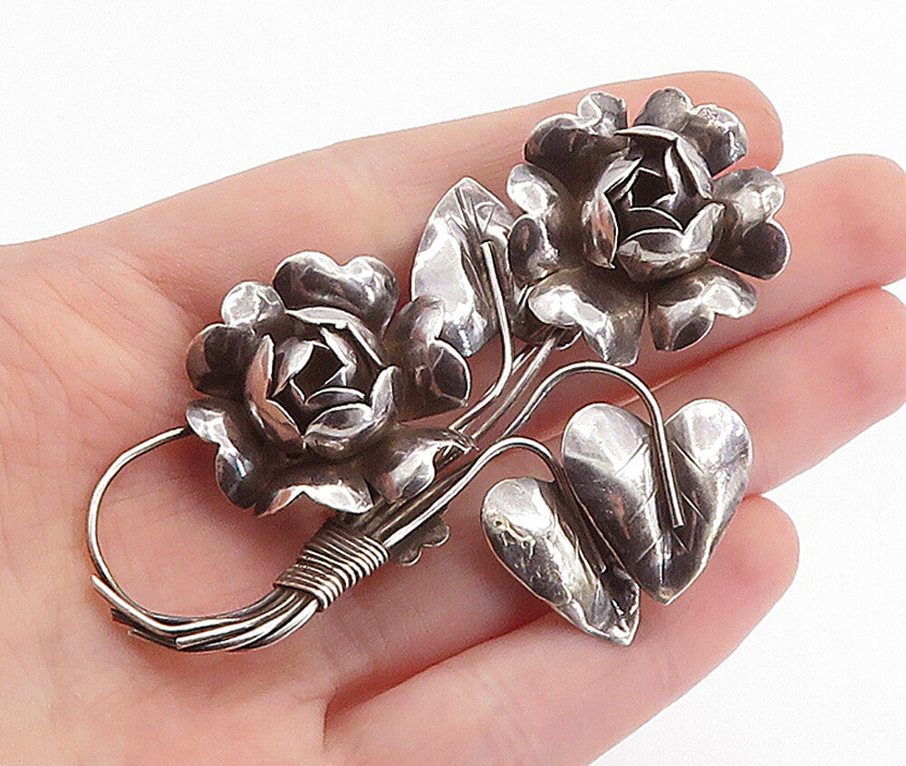 925 Sterling Silver  Vintage Sculpted Wire Wrapped Flowers Brooch Pin  BP2065