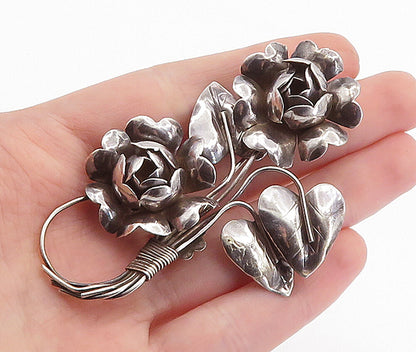 925 Sterling Silver  Vintage Sculpted Wire Wrapped Flowers Brooch Pin  BP2065