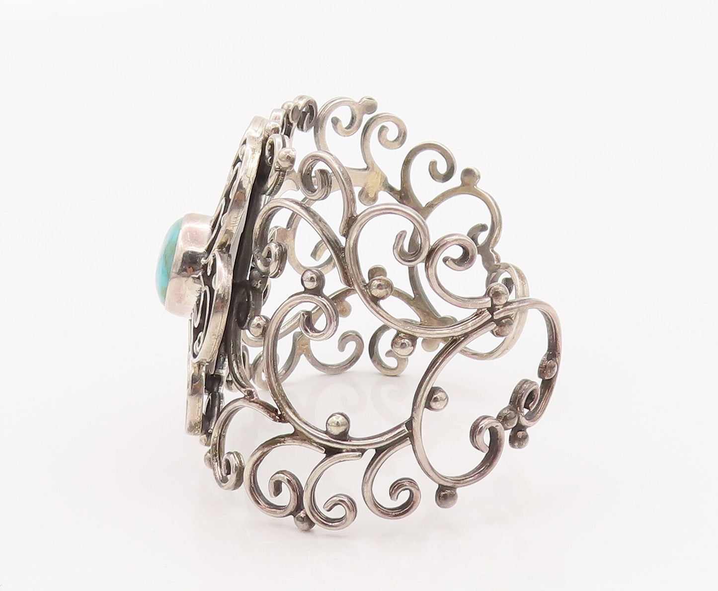 925 Sterling Silver Vintage Bracelet MEXICO Swirly Turquoise Flower Cut  BT10183