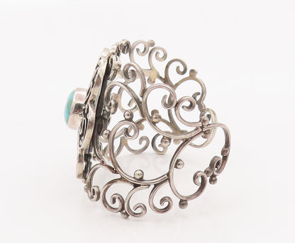 925 Sterling Silver Vintage Bracelet MEXICO Swirly Turquoise Flower Cut  BT10183