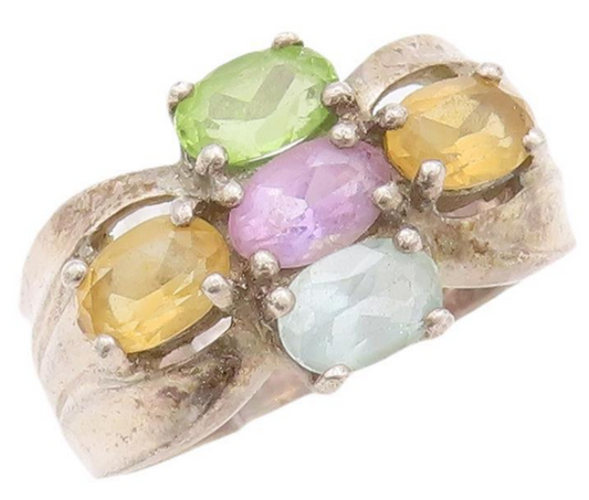 925 Sterling Silver Vintage Ring Carved Multi Color Oval Cut Topaz  Sz 7 RG28287