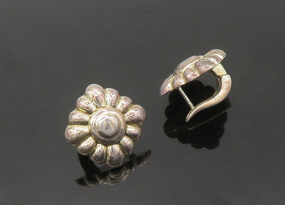 925 Sterling Silver  Vintage Shiny Flower Motif Hollow Drop Earrings  EG10225