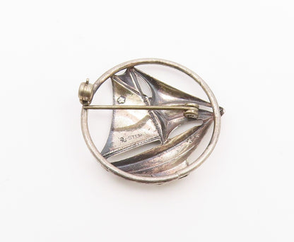 925 Sterling Silver  Vintage Sail Boat Motif Round Brooch Pin  BP3677