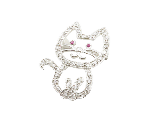 925 Sterling Silver  Shiny Pink & White Topaz Sitting Cat Brooch Pin  BP4901