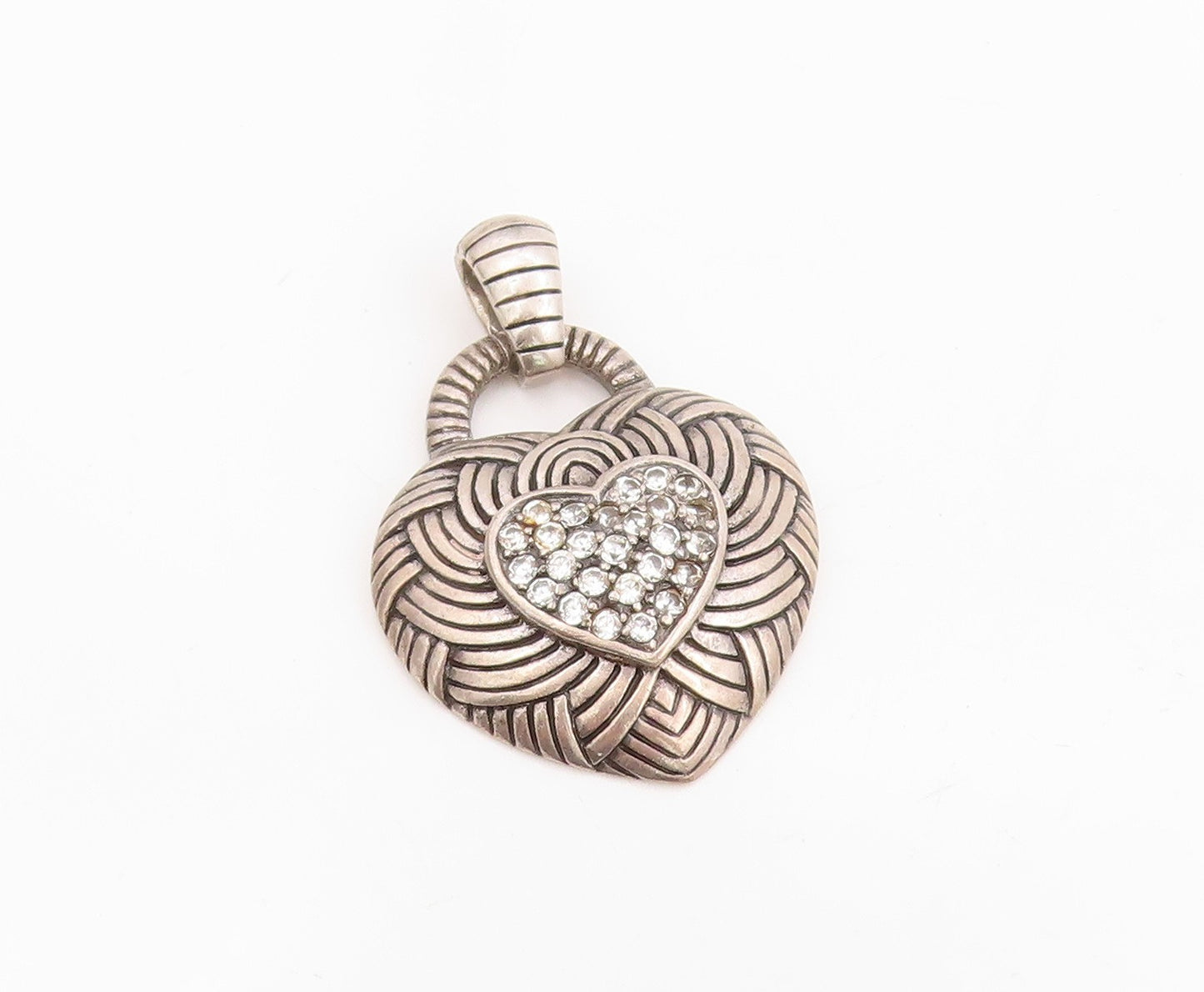 925 Sterling Silver Vintage Pendant Round Topaz Woven Braided Love Heart PT25445
