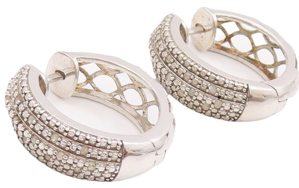 925 Sterling Silver Vintage Earrings Cutout Solid Diamonds Inlay Hoops  EG13066