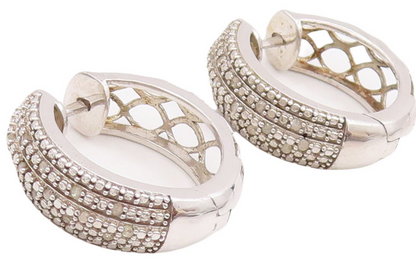 925 Sterling Silver Vintage Earrings Cutout Solid Diamonds Inlay Hoops  EG13066