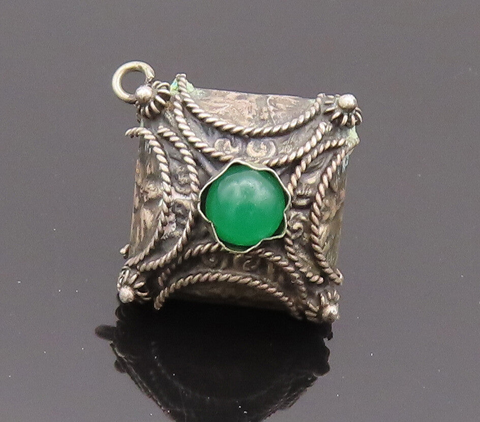925 Sterling Silver Vintage Pendant Agate Twisted Rope Carved Square  PT22732