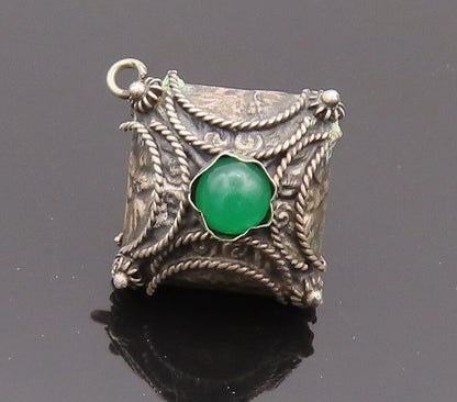 925 Sterling Silver Vintage Pendant Agate Twisted Rope Carved Square  PT22732