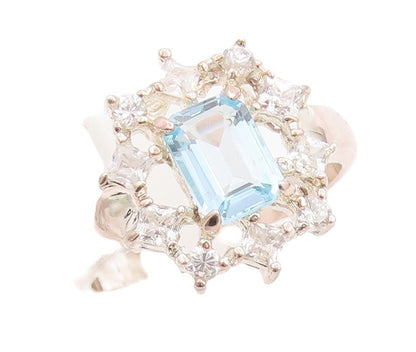 925 Sterling Silver Vintage Ring Modernist Blue Halo White Topaz  Sz 7 RG31123