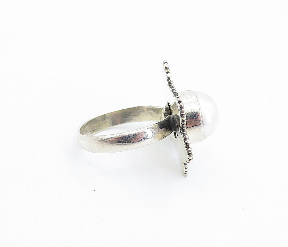 925 Sterling Silver  Vintage Pearl Dome Shiny Swirl Cocktail Ring Sz 7  RG7854
