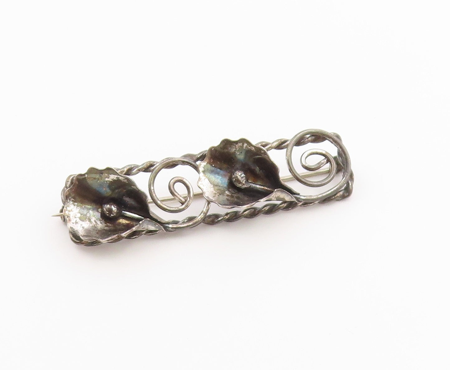 MICHELE 925 Silver  Vintage Double Bellflower Twisted Rope Brooch Pin  BP9729