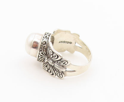 925 Sterling Silver Vintage Ring Elegant Pearl Butterfly Motif  Sz 7  RG36748