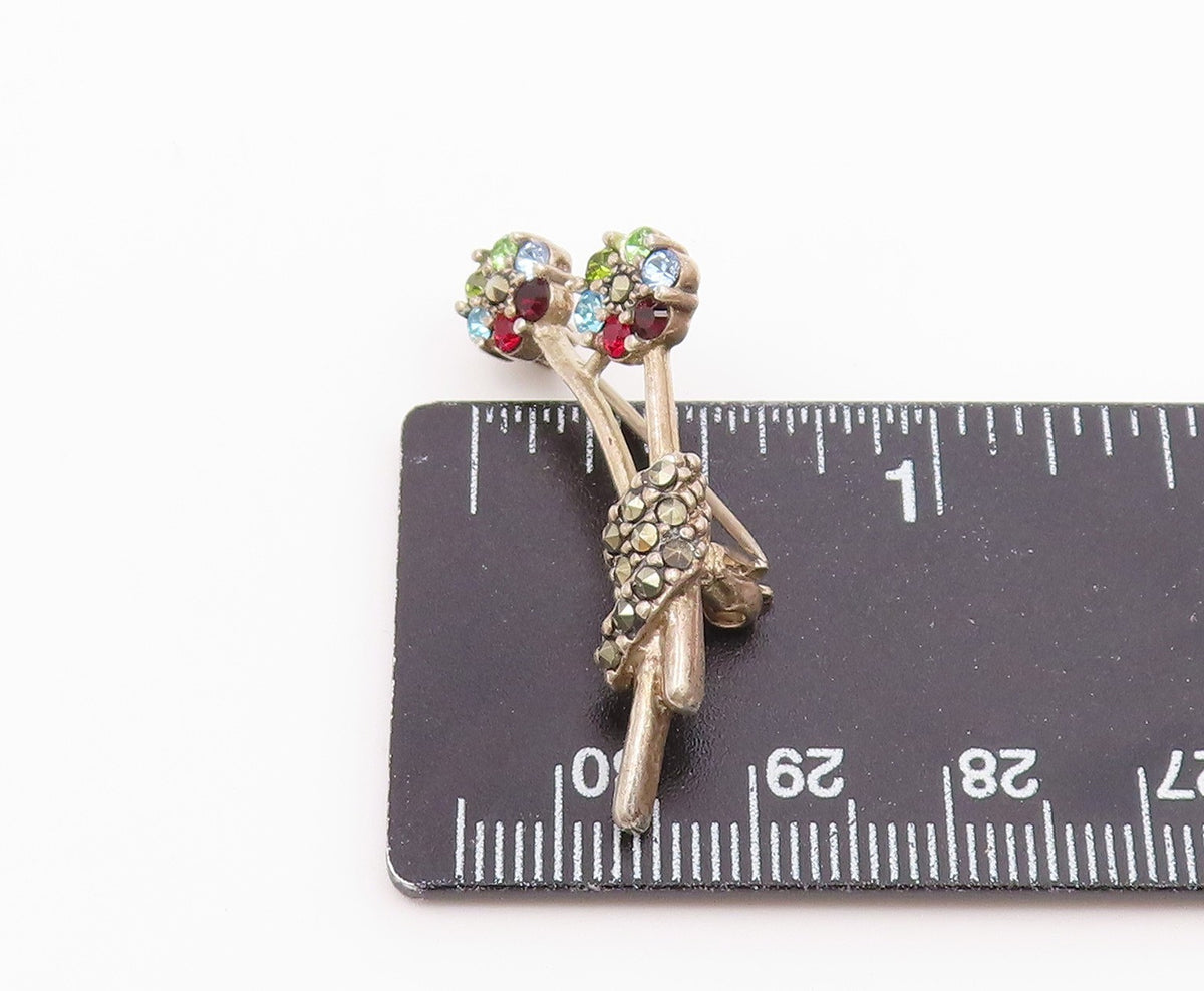 925 Silver  Vintage Beautiful Garnet & Multi Stone Flower Brooch Pin  BP9774
