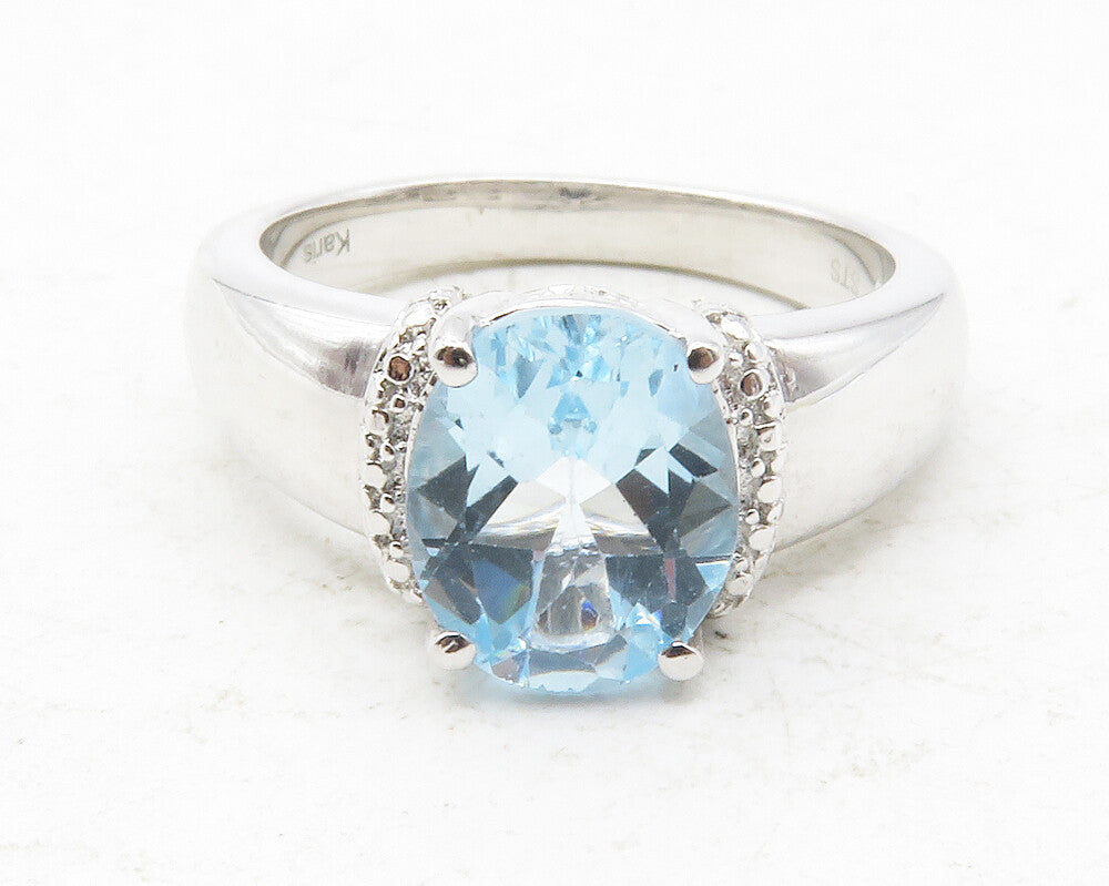 925 Sterling Silver  Prong Set Blue Topaz Shiny Smooth Band Ring Sz 7  RG12458