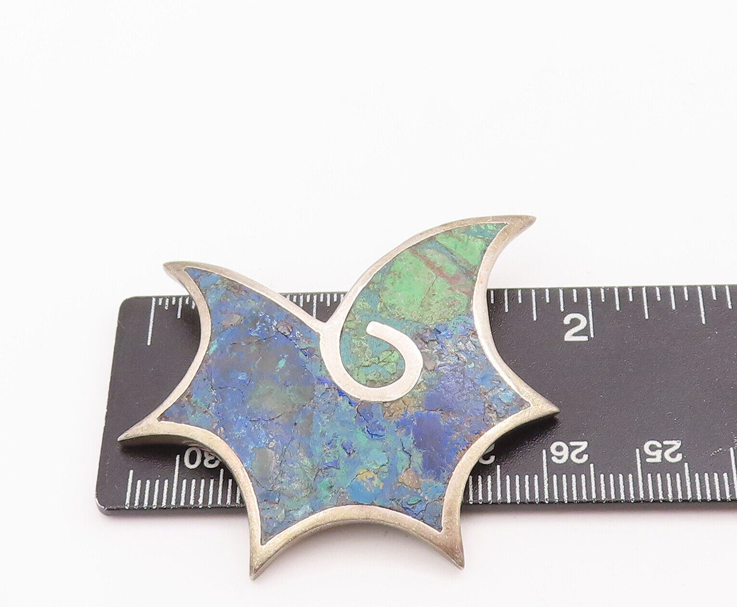 925 Sterling Silver Vintage Brooch Pin ARTE PLATA Carved Inlay Turquoise BP10901