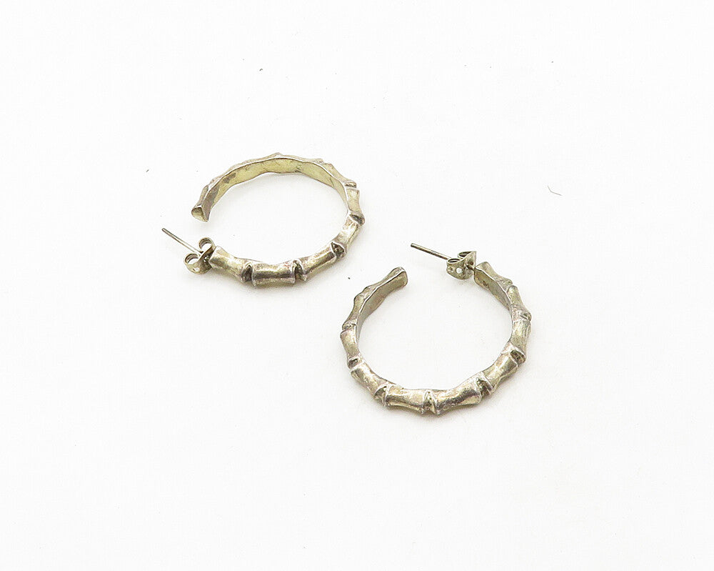 MEXICO 925 Sterling Silver  Vintage Dark Tone Bamboo Hoop Earrings  EG9747
