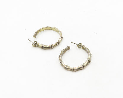 MEXICO 925 Sterling Silver  Vintage Dark Tone Bamboo Hoop Earrings  EG9747